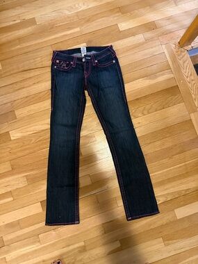 Vintage True Religion Dark Wash Boot Cut Jeans with Pink Stitching